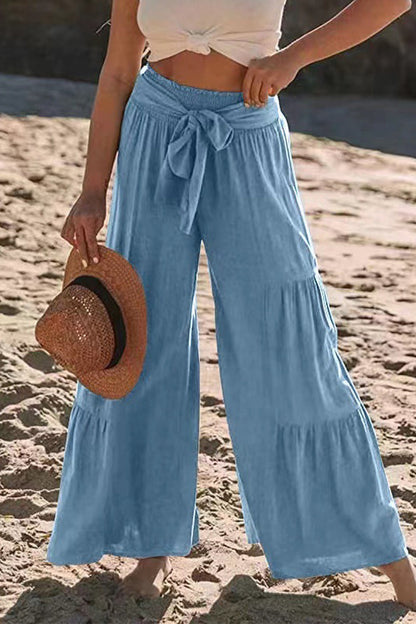 Casual Holiday Solid Bandage Pleats Loose High Waist Wide Leg Solid Colour Trousers