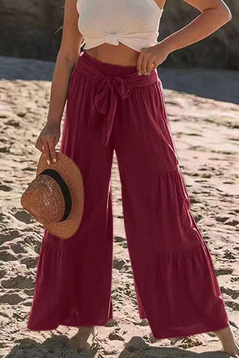 Casual Holiday Solid Bandage Pleats Loose High Waist Wide Leg Solid Colour Trousers