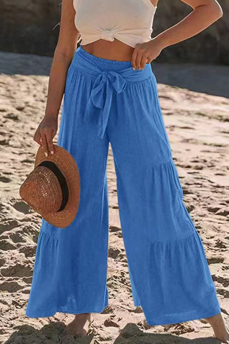 Casual Holiday Solid Bandage Pleats Loose High Waist Wide Leg Solid Colour Trousers