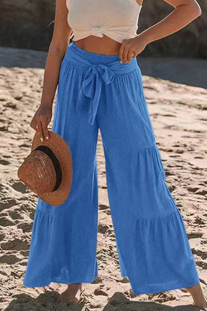 Casual Holiday Solid Bandage Pleats Loose High Waist Wide Leg Solid Colour Trousers