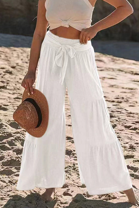 Casual Holiday Solid Bandage Pleats Loose High Waist Wide Leg Solid Colour Trousers