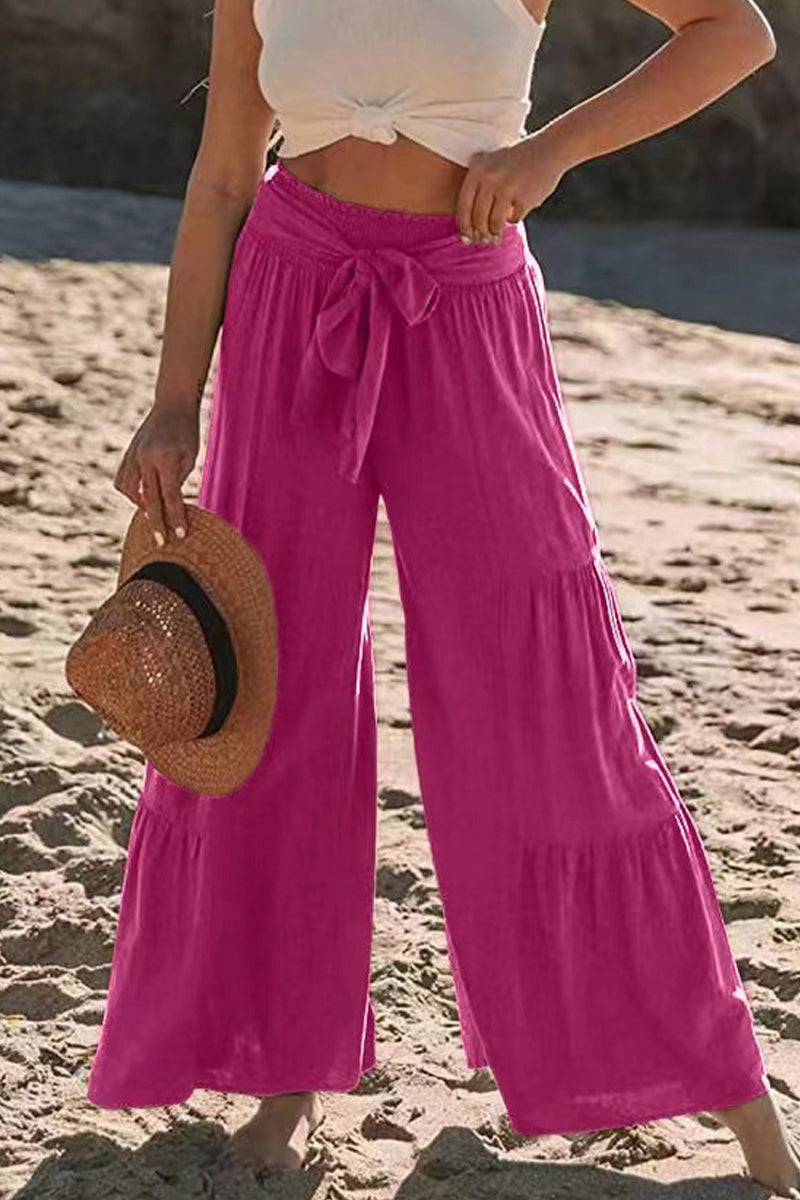 Casual Holiday Solid Bandage Pleats Loose High Waist Wide Leg Solid Colour Trousers