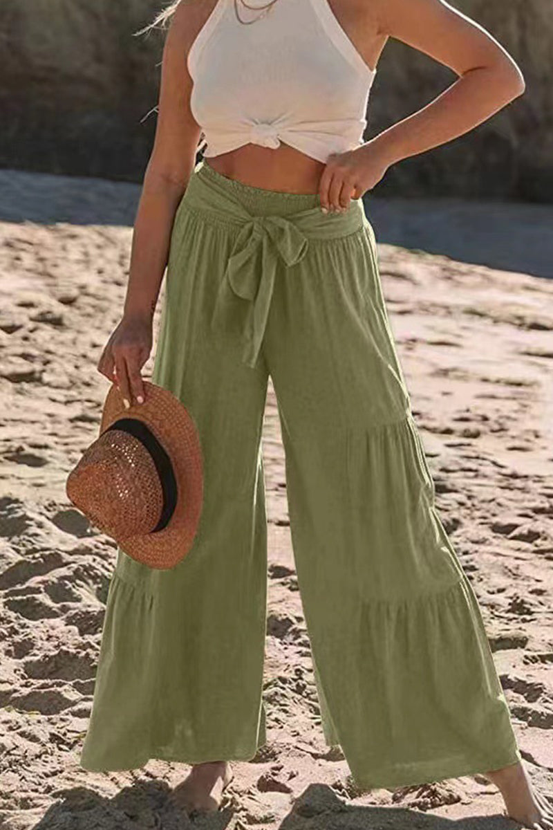 Casual Holiday Solid Bandage Pleats Loose High Waist Wide Leg Solid Colour Trousers