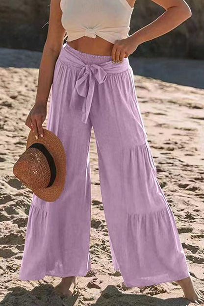 Casual Holiday Solid Bandage Pleats Loose High Waist Wide Leg Solid Colour Trousers