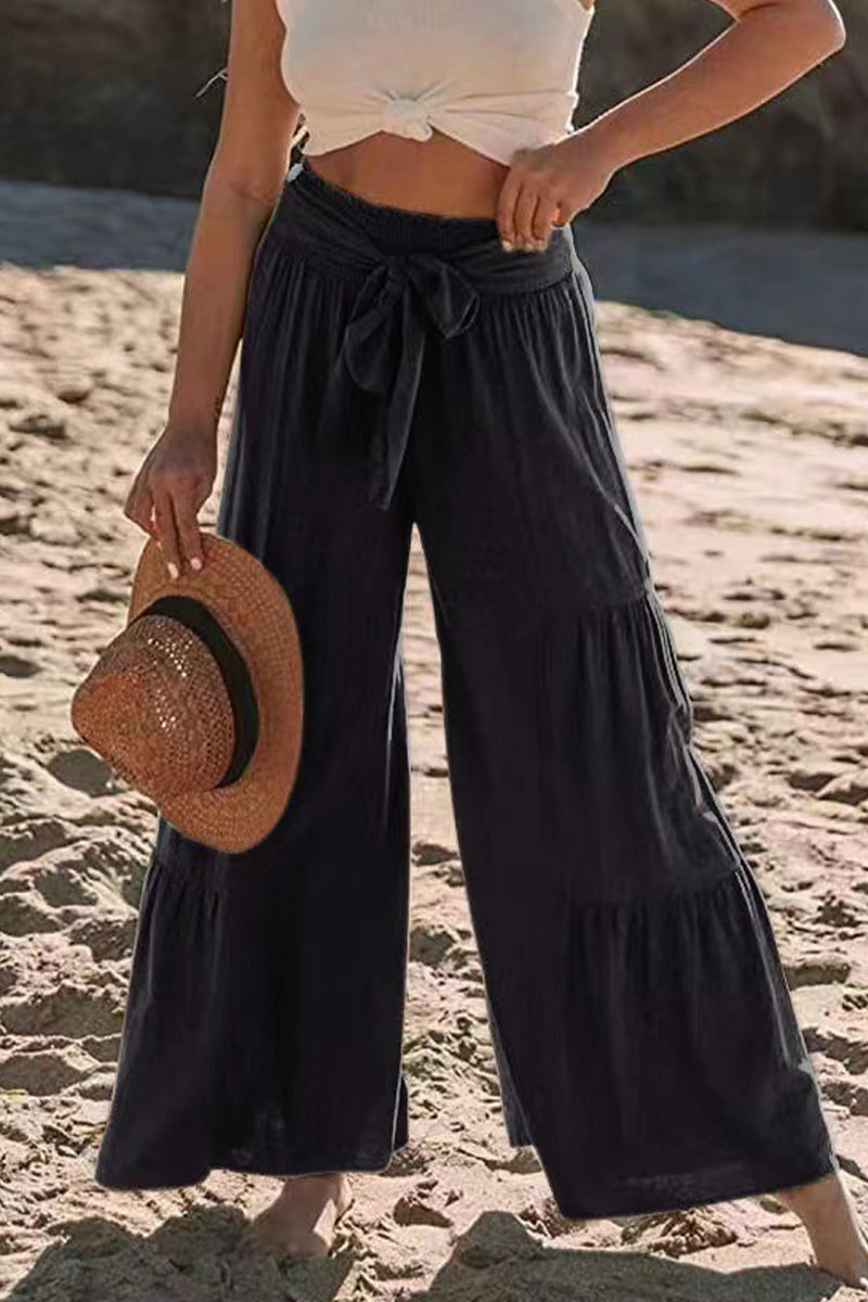 Casual Holiday Solid Bandage Pleats Loose High Waist Wide Leg Solid Colour Trousers