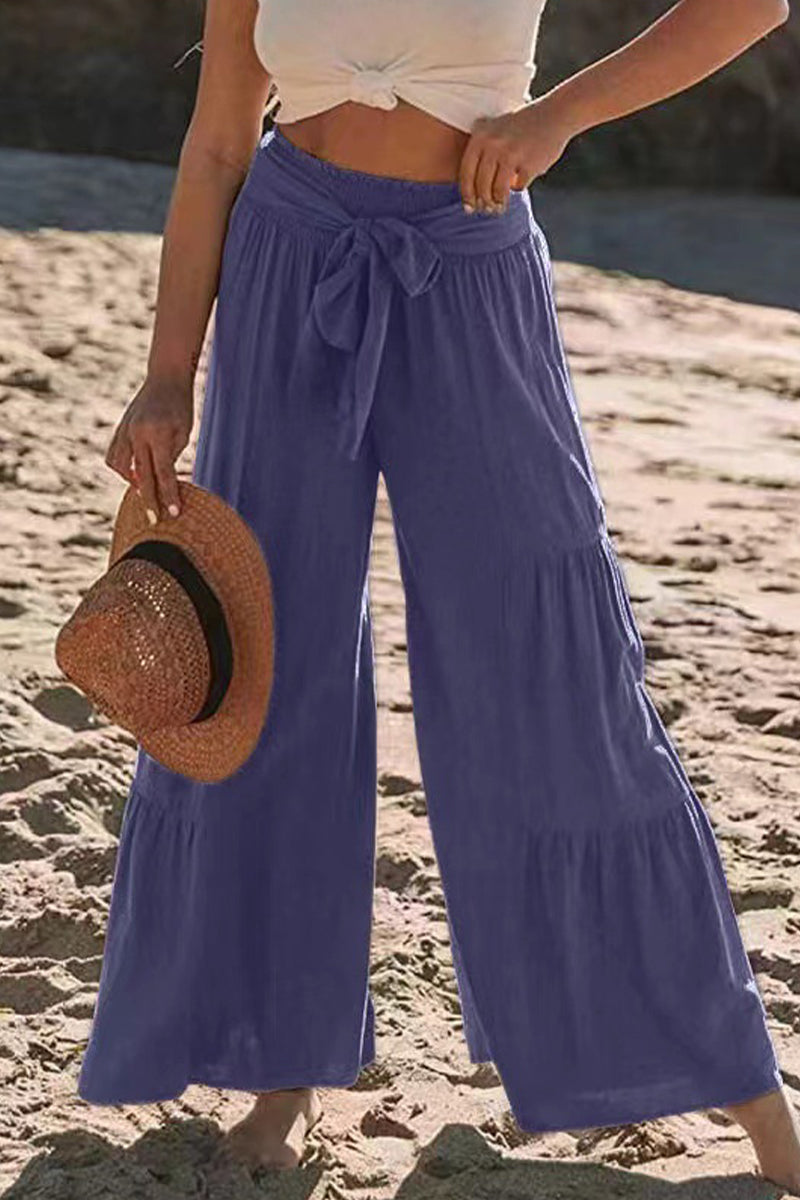Casual Holiday Solid Bandage Pleats Loose High Waist Wide Leg Solid Colour Trousers