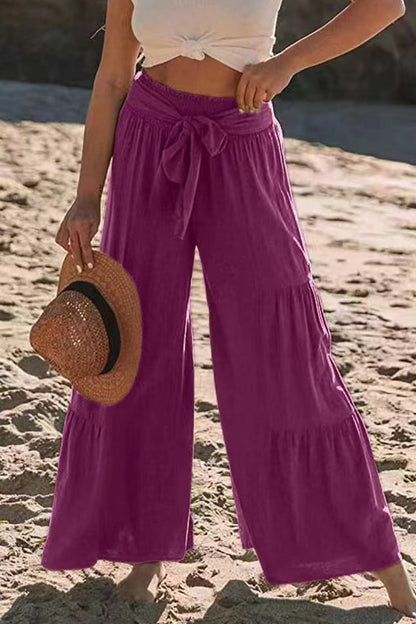Casual Holiday Solid Bandage Pleats Loose High Waist Wide Leg Solid Colour Trousers