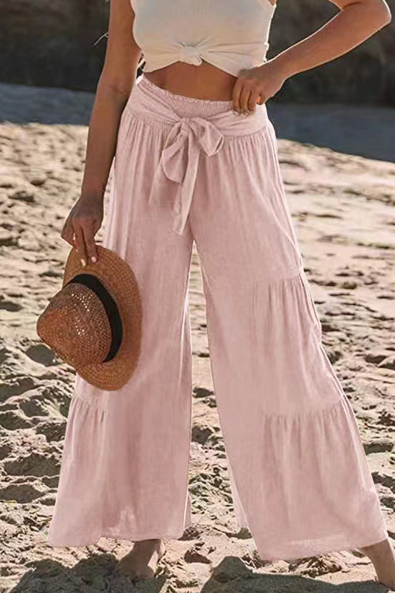 Casual Holiday Solid Bandage Pleats Loose High Waist Wide Leg Solid Colour Trousers