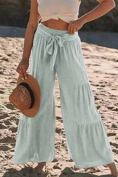 Casual Holiday Solid Bandage Pleats Loose High Waist Wide Leg Solid Colour Trousers
