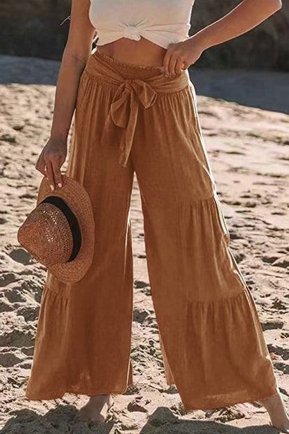 Casual Holiday Solid Bandage Pleats Loose High Waist Wide Leg Solid Colour Trousers
