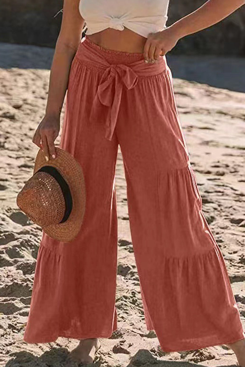 Casual Holiday Solid Bandage Pleats Loose High Waist Wide Leg Solid Colour Trousers