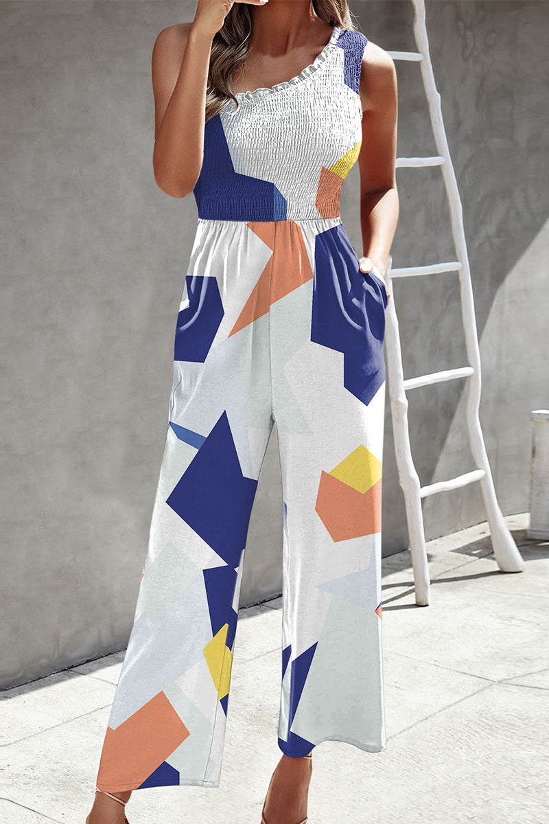 Casual Print Patchwork Tasche Bias Kragen Loose Jumpsuits mit Patchwork Druck.