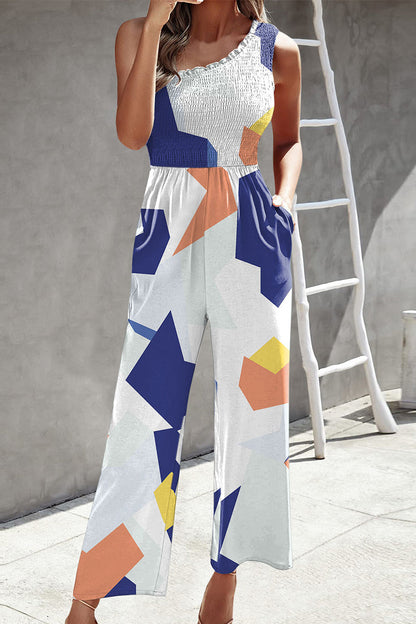 Casual Print Patchwork Tasche Bias Kragen Loose Jumpsuits mit Patchwork Druck.