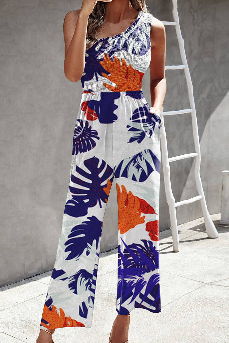 Casual Print Patchwork Tasche Bias Kragen Loose Jumpsuits mit Patchwork Druck.