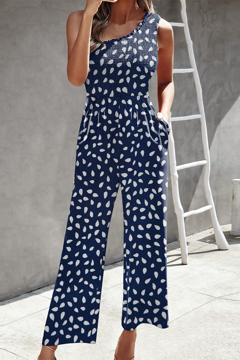 Casual Print Patchwork Tasche Bias Kragen Loose Jumpsuits mit Patchwork Druck.