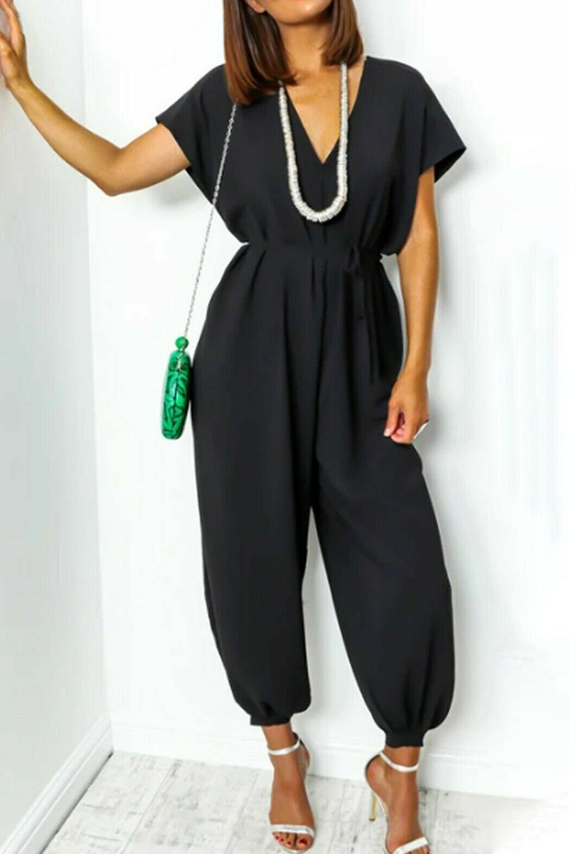 Casual Simplicity Solid Frenulum V Neck Loose Jumpsuits (11 Farben)