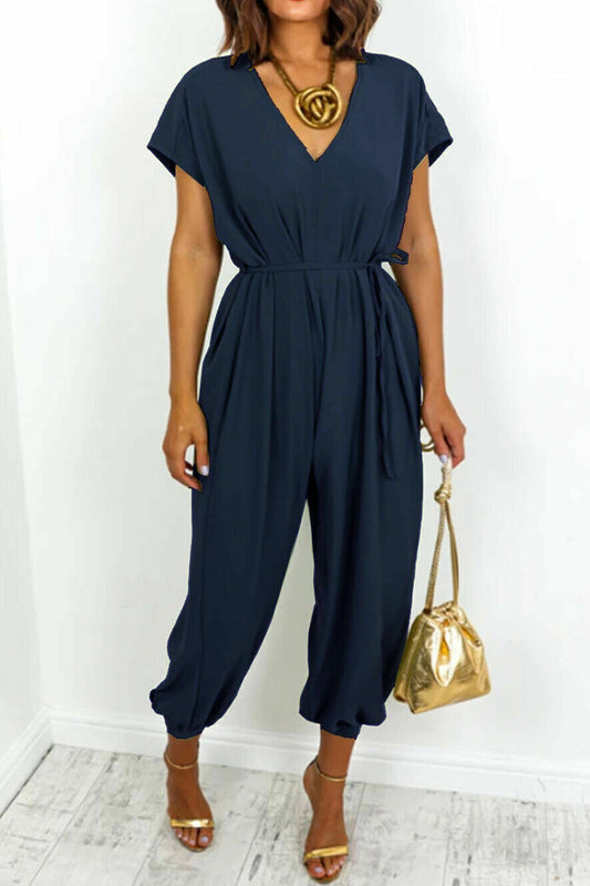 Casual Simplicity Solid Frenulum V Neck Loose Jumpsuits (11 Farben)