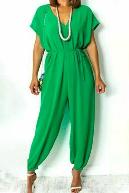 Casual Simplicity Solid Frenulum V Neck Loose Jumpsuits (11 Farben)