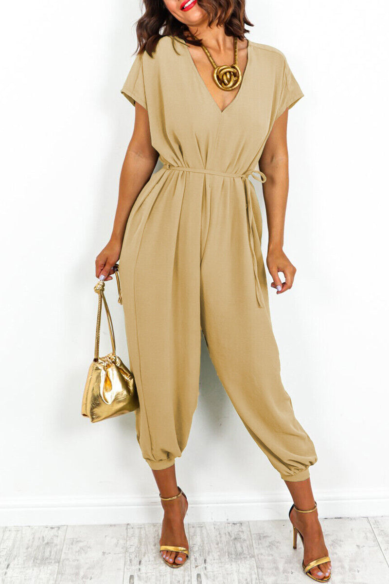 Casual Simplicity Solid Frenulum V Neck Loose Jumpsuits (11 Farben)