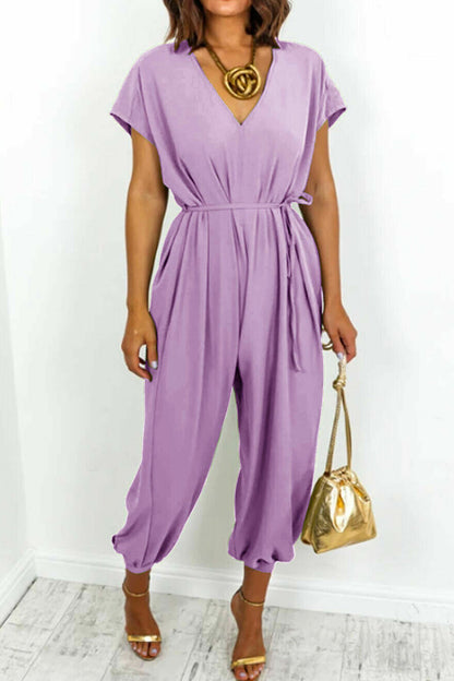 Casual Simplicity Solid Frenulum V Neck Loose Jumpsuits (11 Farben)