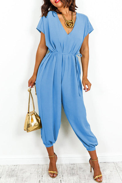 Casual Simplicity Solid Frenulum V Neck Loose Jumpsuits (11 Farben)
