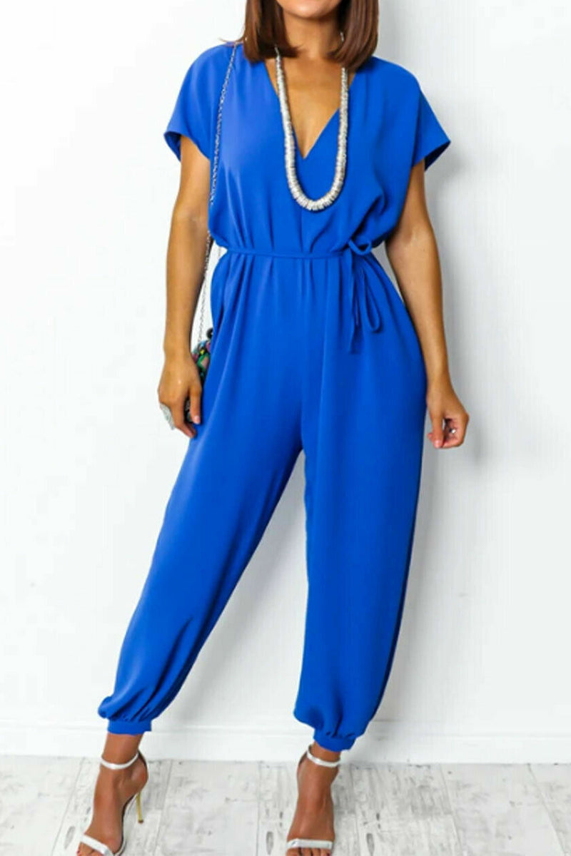Casual Simplicity Solid Frenulum V Neck Loose Jumpsuits (11 Farben)