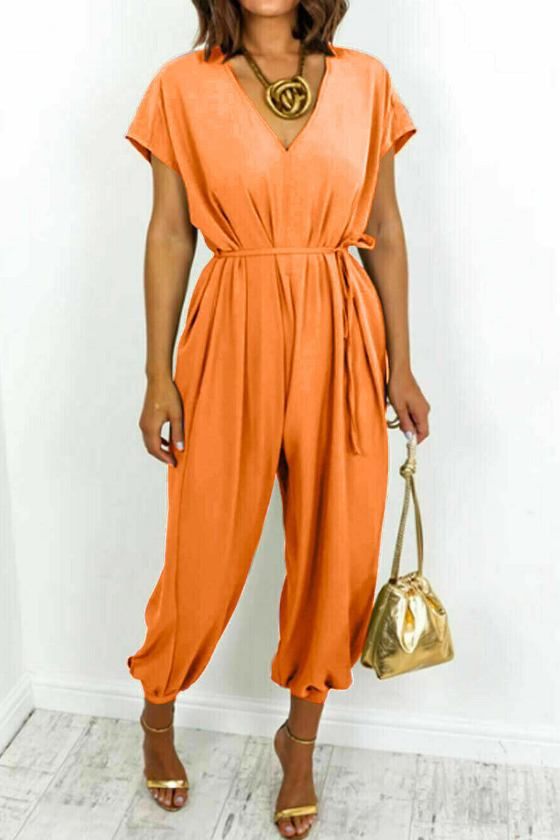Casual Simplicity Solid Frenulum V Neck Loose Jumpsuits (11 Farben)