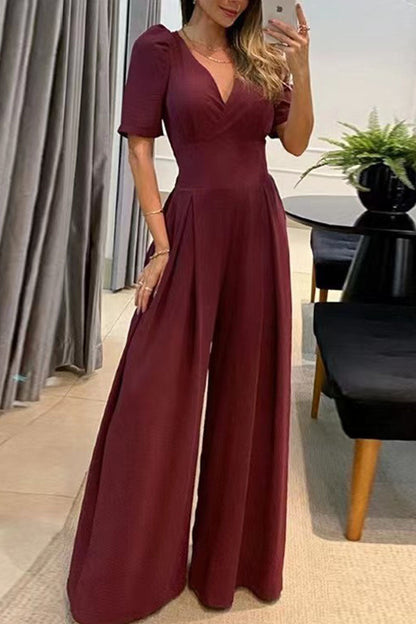 Lässige elegante feste Tasche Frenulum V-Ausschnitt Jumpsuit