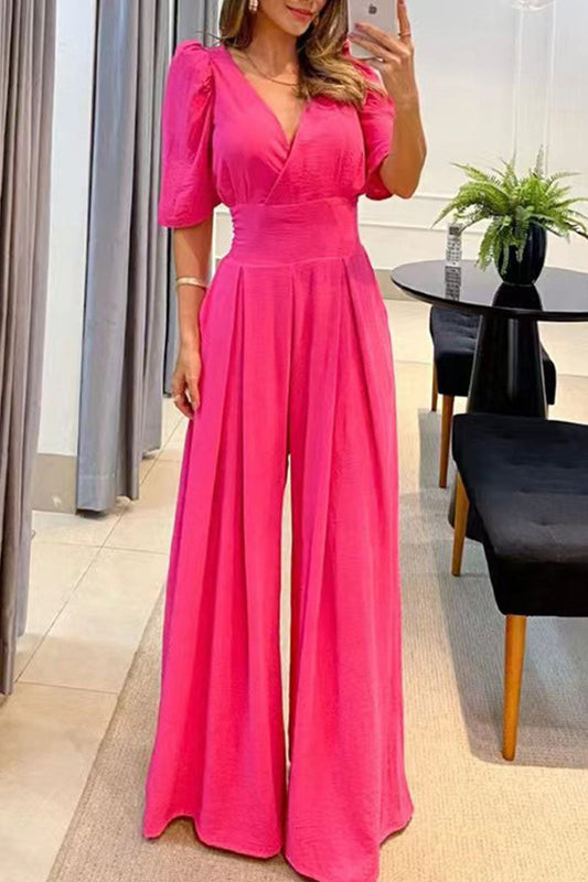 Lässige elegante feste Tasche gerader V-Ausschnitt Jumpsuits