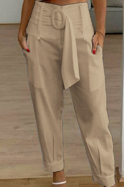 Casual Solid Patchwork Regular High Waist Conventional Unifarben-Hose