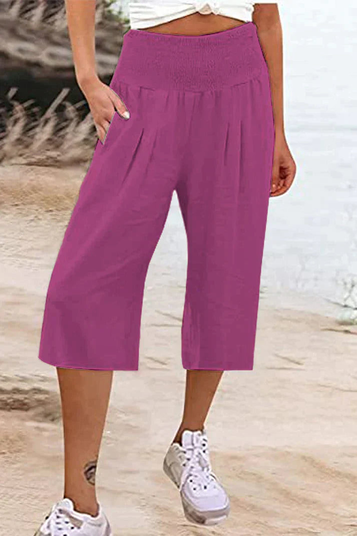 unifarbene, einfarbige Hose mit hoher Taille und weitem Bein, halblang