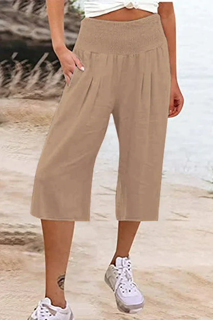 unifarbene, einfarbige Hose mit hoher Taille und weitem Bein, halblang