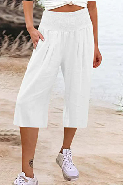 unifarbene, einfarbige Hose mit hoher Taille und weitem Bein, halblang