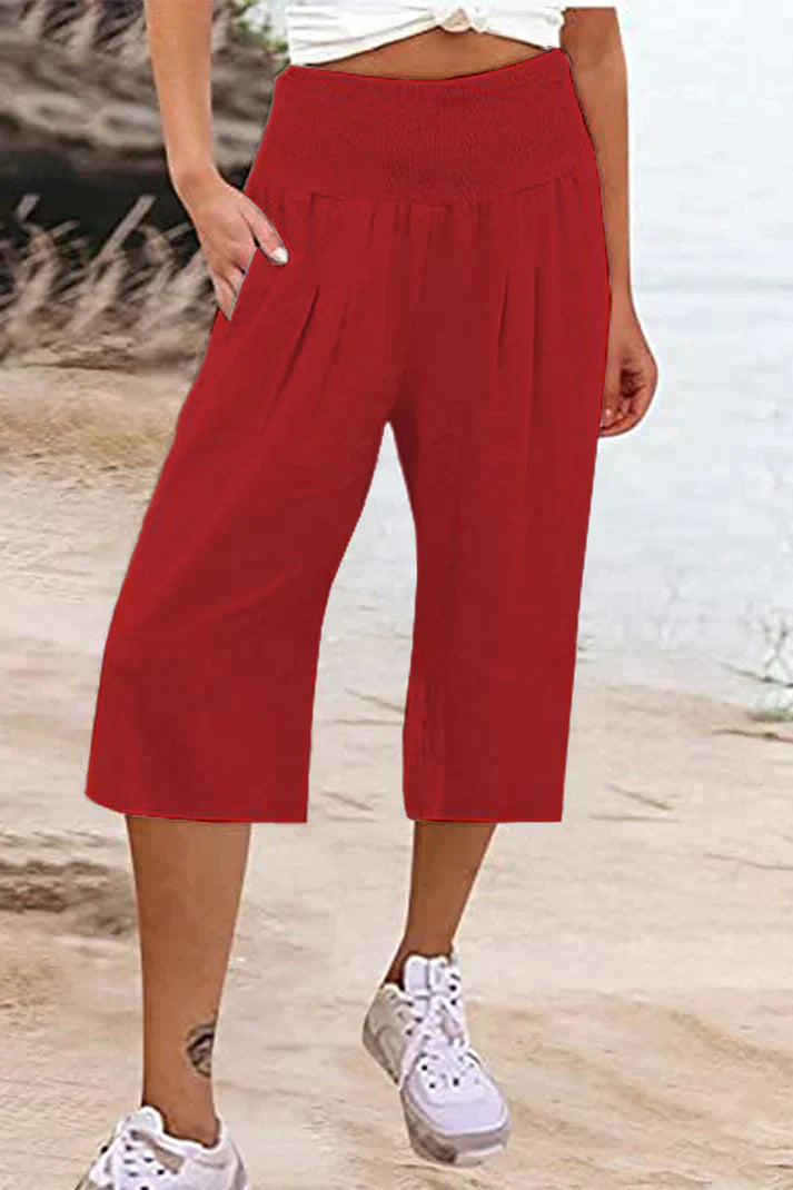 unifarbene, einfarbige Hose mit hoher Taille und weitem Bein, halblang