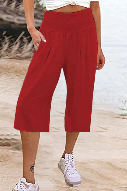 unifarbene, einfarbige Hose mit hoher Taille und weitem Bein, halblang