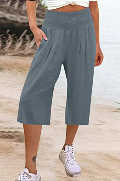 unifarbene, einfarbige Hose mit hoher Taille und weitem Bein, halblang