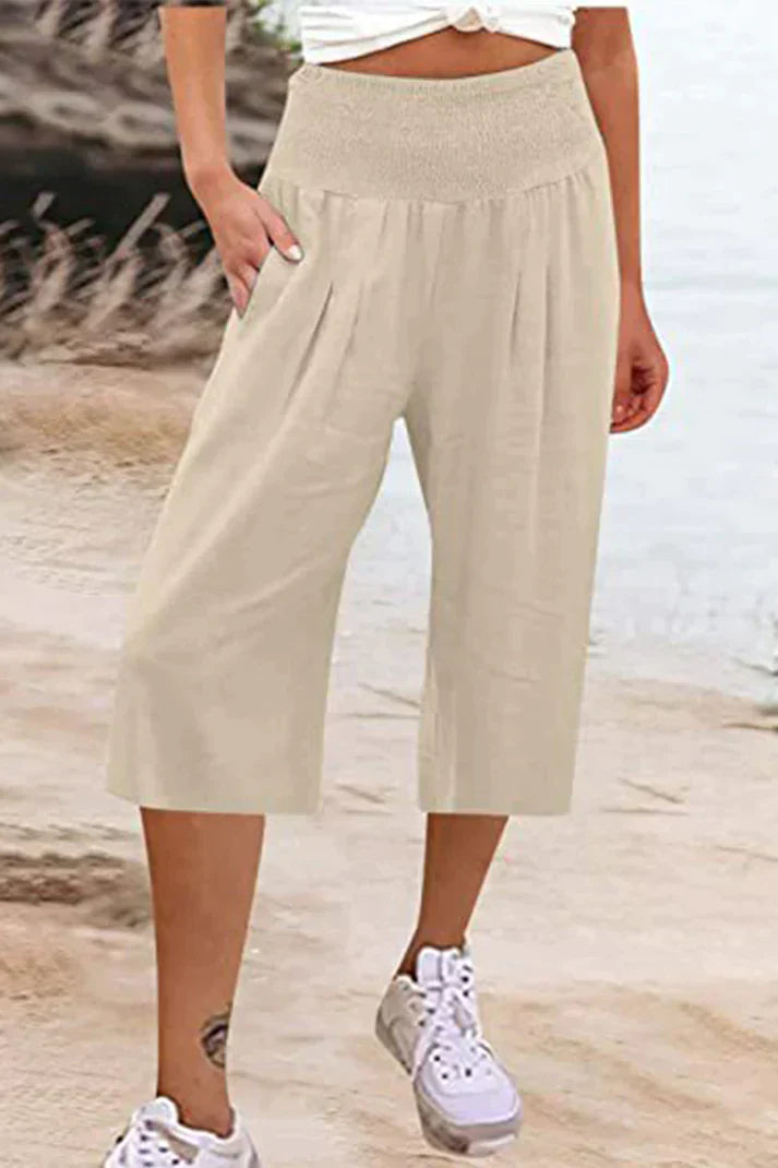 Amelyn - Einfache Hose mit hoher Taille und weitem Bein, einfarbig, mittellang