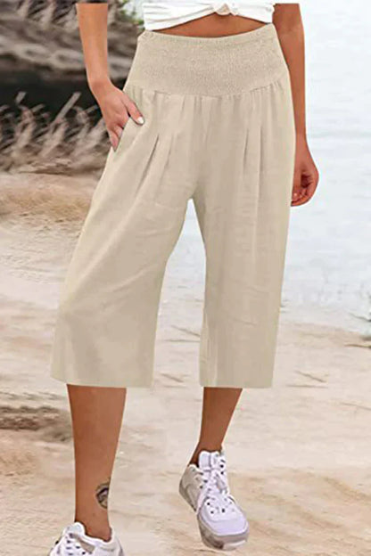 unifarbene, einfarbige Hose mit hoher Taille und weitem Bein, halblang