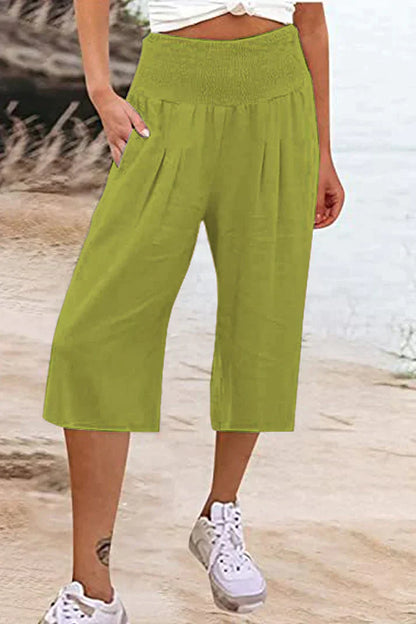 unifarbene, einfarbige Hose mit hoher Taille und weitem Bein, halblang