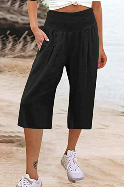 unifarbene, einfarbige Hose mit hoher Taille und weitem Bein, halblang