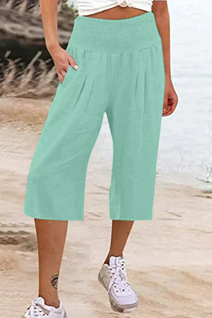 unifarbene, einfarbige Hose mit hoher Taille und weitem Bein, halblang