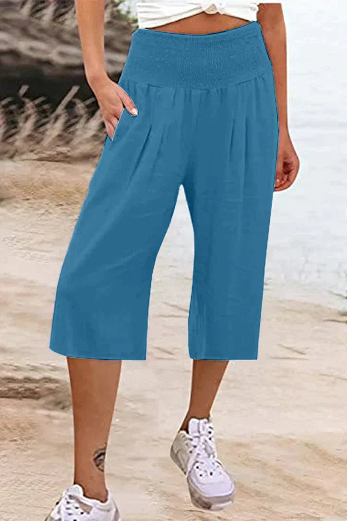 unifarbene, einfarbige Hose mit hoher Taille und weitem Bein, halblang