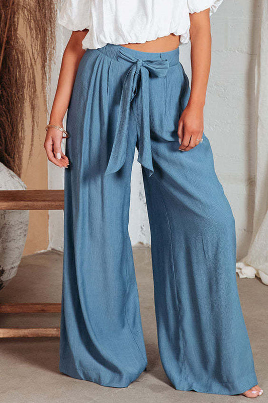 Casual Solid Pocket Frenulum Loose High Waist Wide Leg Solid Colour Trousers