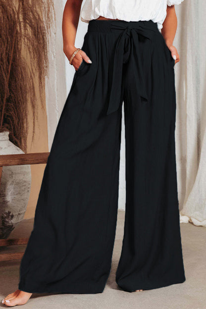 Casual Solid Pocket Frenulum Loose High Waist Wide Leg Solid Colour Trousers