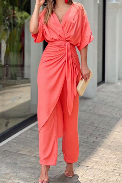 Casual Solid Frenulum V Neck Regular Jumpsuits (3 Farben)
