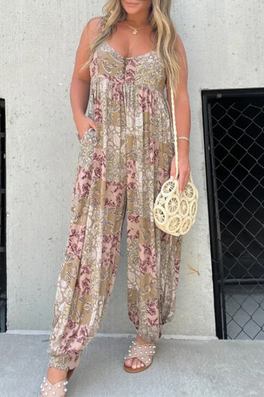 Floral V-Ausschnitt Tasche locker sitzende Jumpsuits