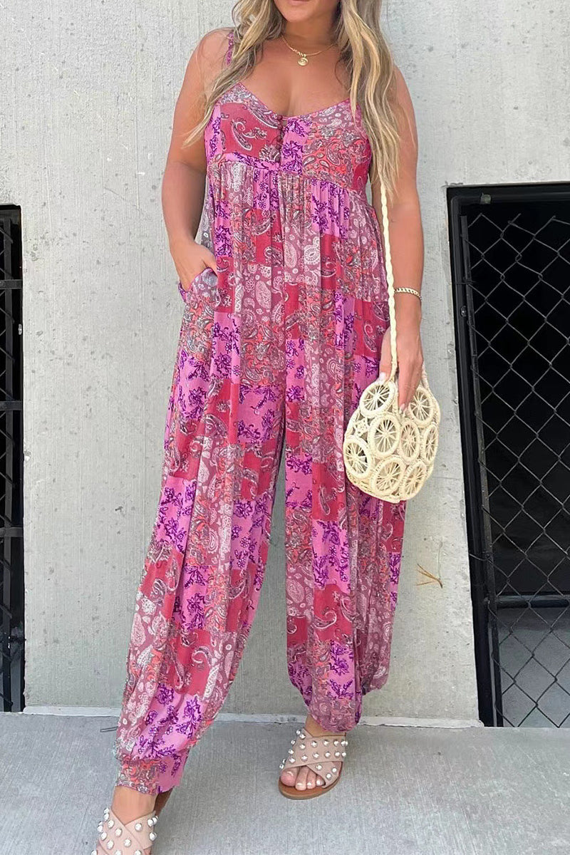 Floral V-Ausschnitt Tasche locker sitzende Jumpsuits