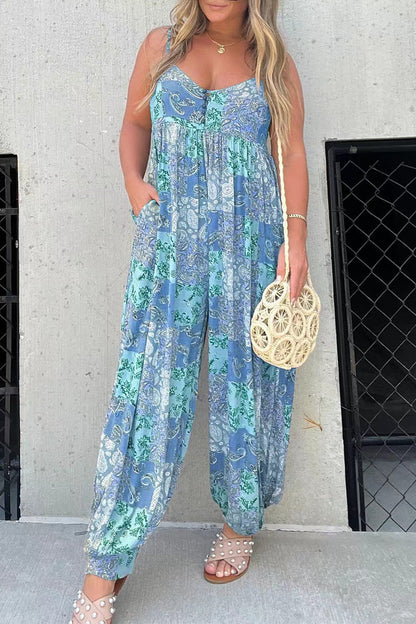 Floral V-Ausschnitt Tasche locker sitzende Jumpsuits