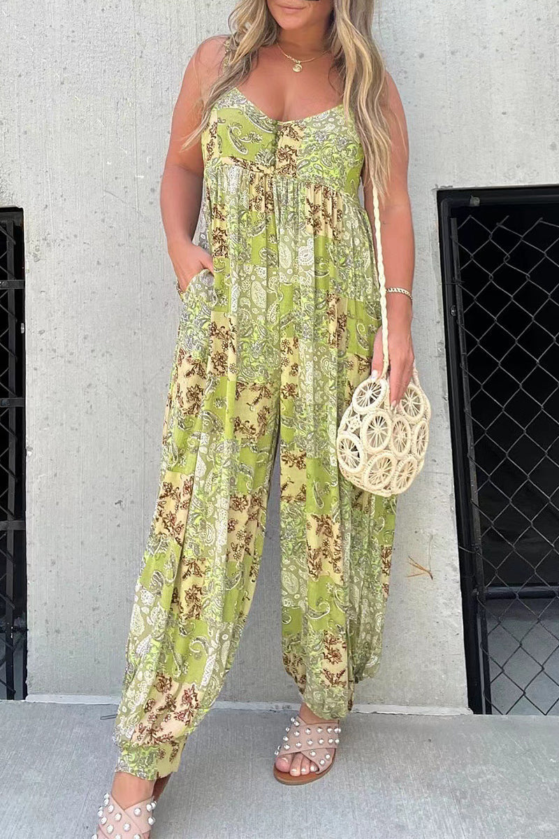 Floral V-Ausschnitt Tasche locker sitzende Jumpsuits