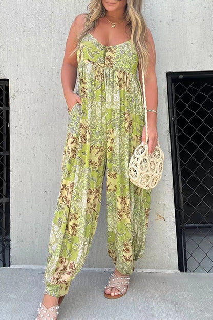 Floral V-Ausschnitt Tasche locker sitzende Jumpsuits